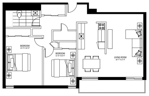 Floor plan for 2 beds, 1 bath, 872 sqft